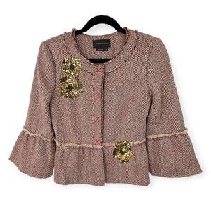 BCBG Max Azria | S | Herringbone Tweed Sequin Floral Bell Sleeve Peplum Blazer